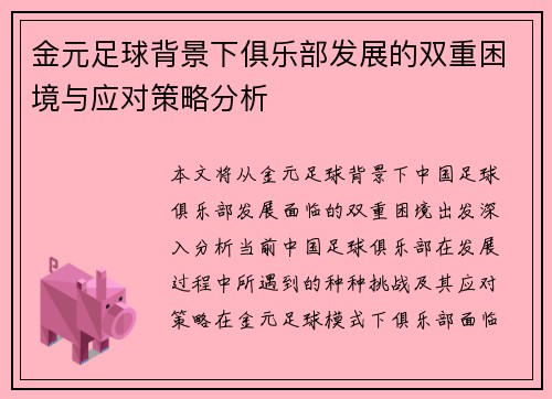 金元足球背景下俱乐部发展的双重困境与应对策略分析