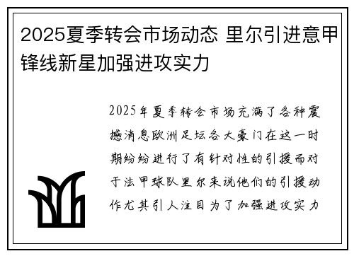 2025夏季转会市场动态 里尔引进意甲锋线新星加强进攻实力 2025夏季转会市场动态 里尔引进意甲锋线新星加强进攻实力