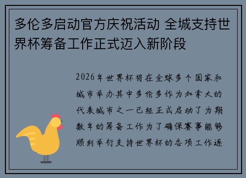 多伦多启动官方庆祝活动 全城支持世界杯筹备工作正式迈入新阶段