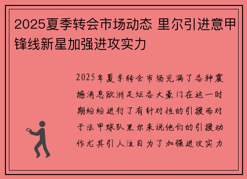 2025夏季转会市场动态 里尔引进意甲锋线新星加强进攻实力 2025夏季转会市场动态 里尔引进意甲锋线新星加强进攻实力
