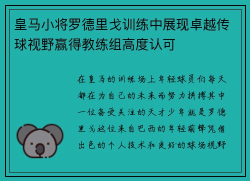 皇马小将罗德里戈训练中展现卓越传球视野赢得教练组高度认可 皇马小将罗德里戈训练中展现卓越传球视野赢得教练组高度认可